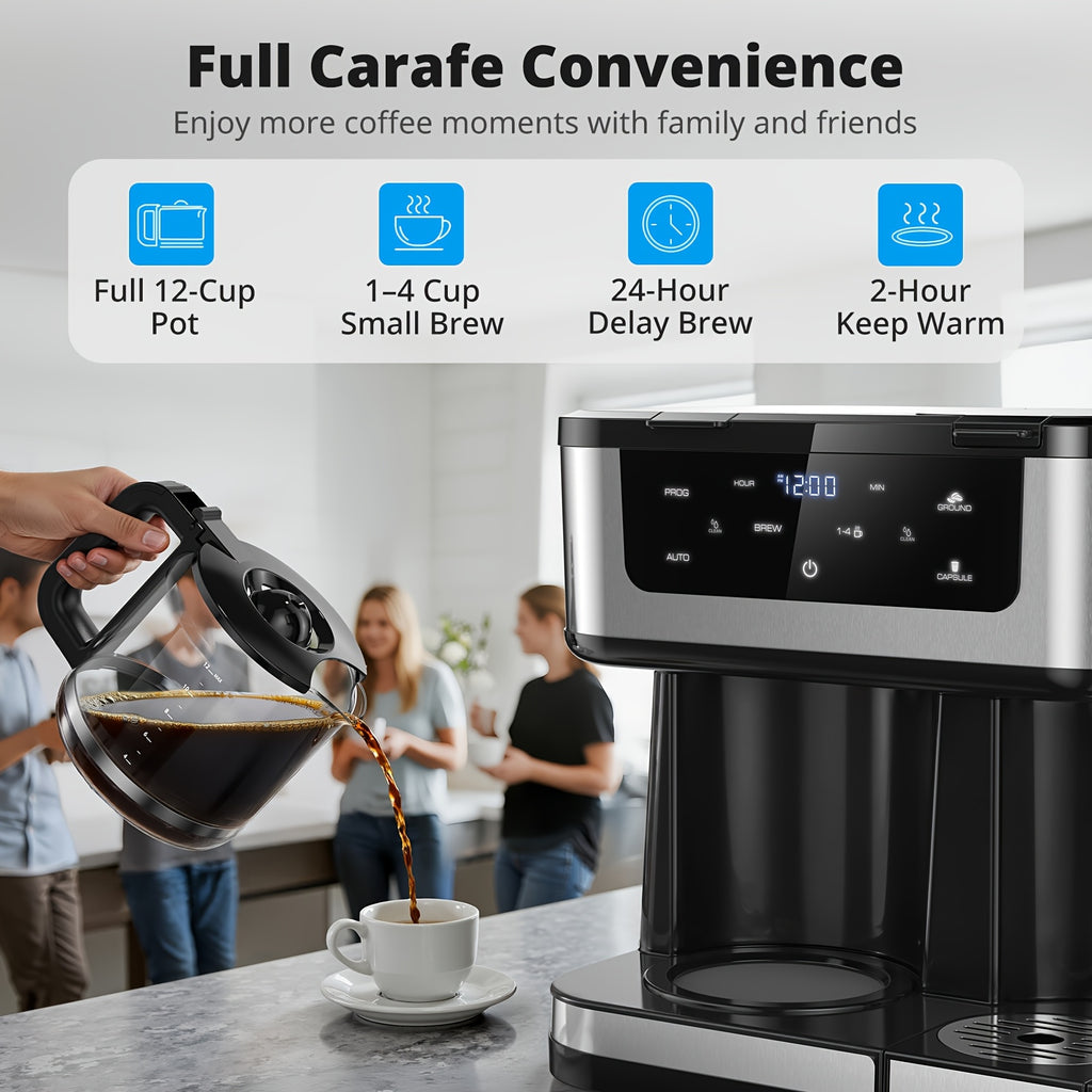 2-in-1 Drip Coffee Maker & K-Cup Brewer, 12 Cup Capacity, 1-4 Cup Select, Programmable, Auto Shut-Off, Spill-Free Spout