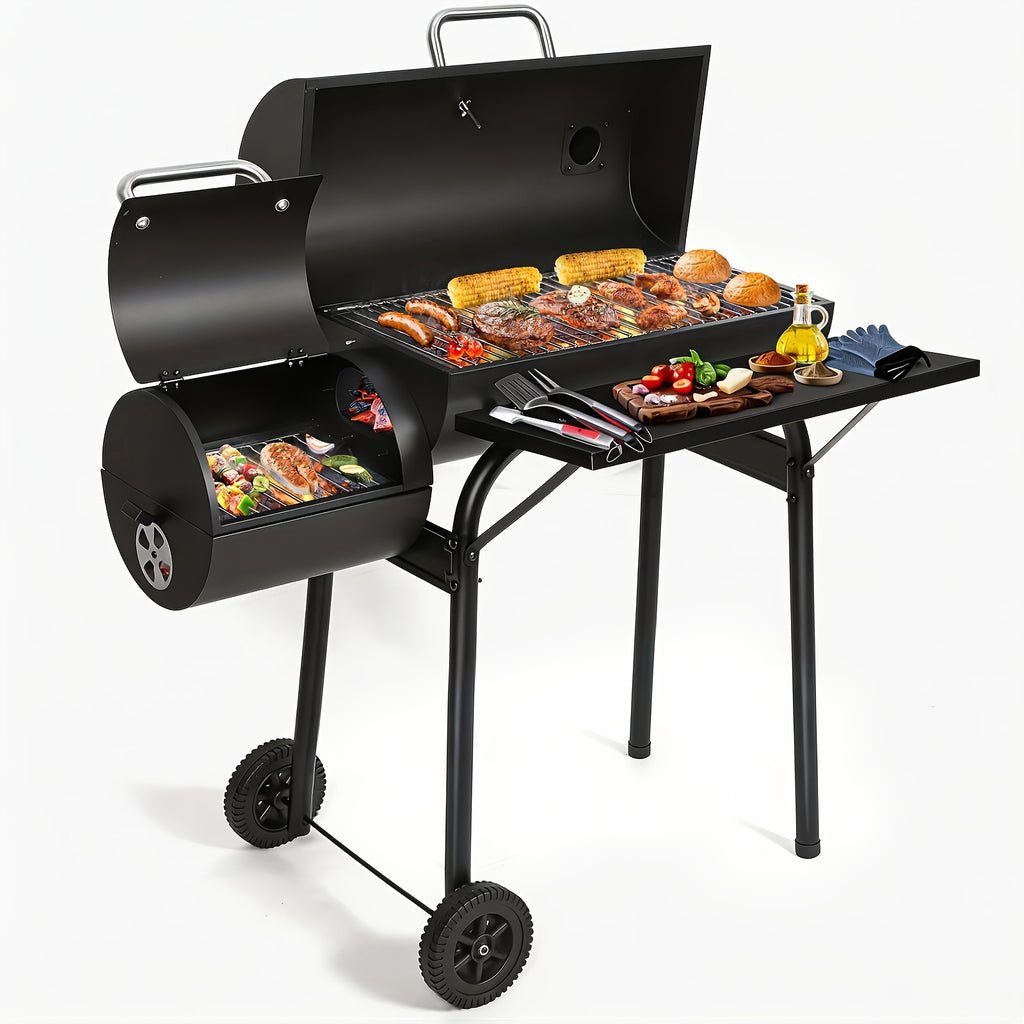 Charcoal Grill with Offset Smoker, Multi-Purpose Barrel BBQ Grill, for Backyard, Patio, Camping & Outdoor Cooking, Black, BBQ Gift for Dad & Men