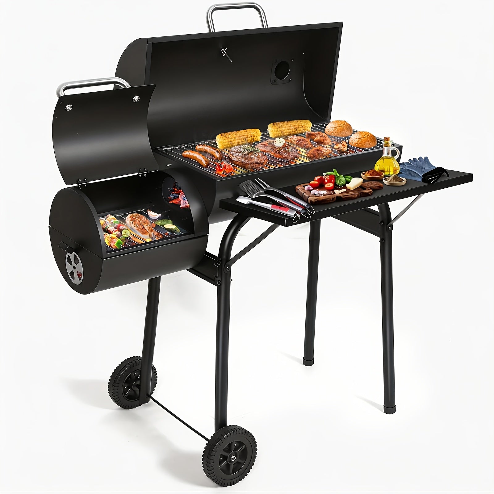 Charcoal Grill with Offset Smoker, Multi-Purpose Barrel BBQ Grill, for Backyard, Patio, Camping & Outdoor Cooking, Black, BBQ Gift for Dad & Men