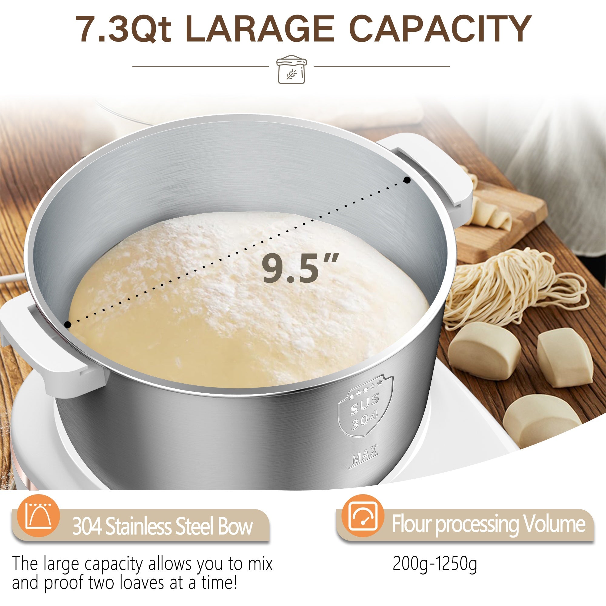 Electric Dough Mixer, 7L Capacity, 304 Stainless Steel, Fermentation & Dual Knead Modes, for Bread, Pizza, Pasta & Noodles