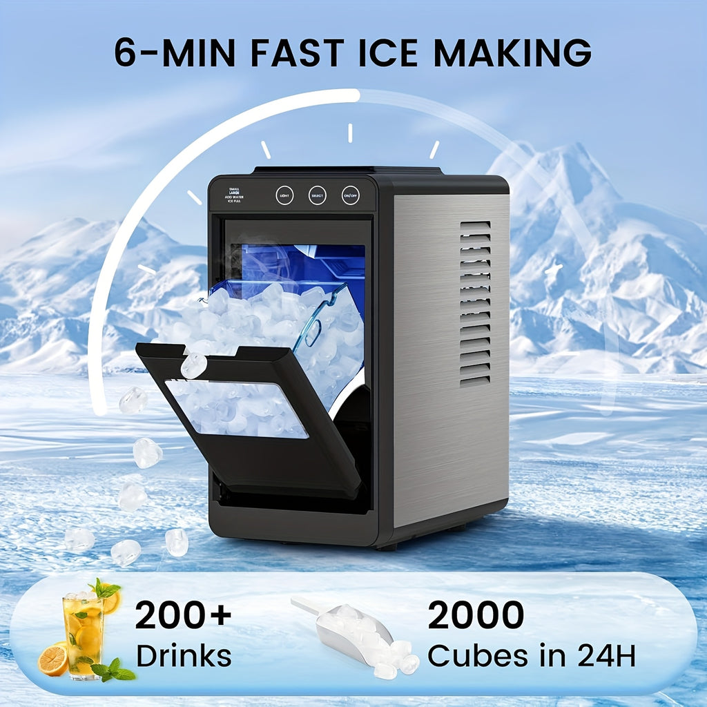 Compact Ice Maker Machine, 28Lbs/24H Production, Fast 6-Min Ice Making, Self-Cleaning, 27.05oz Tank, Ice Basket & Scoop, Quiet for Kitchen Camping RV