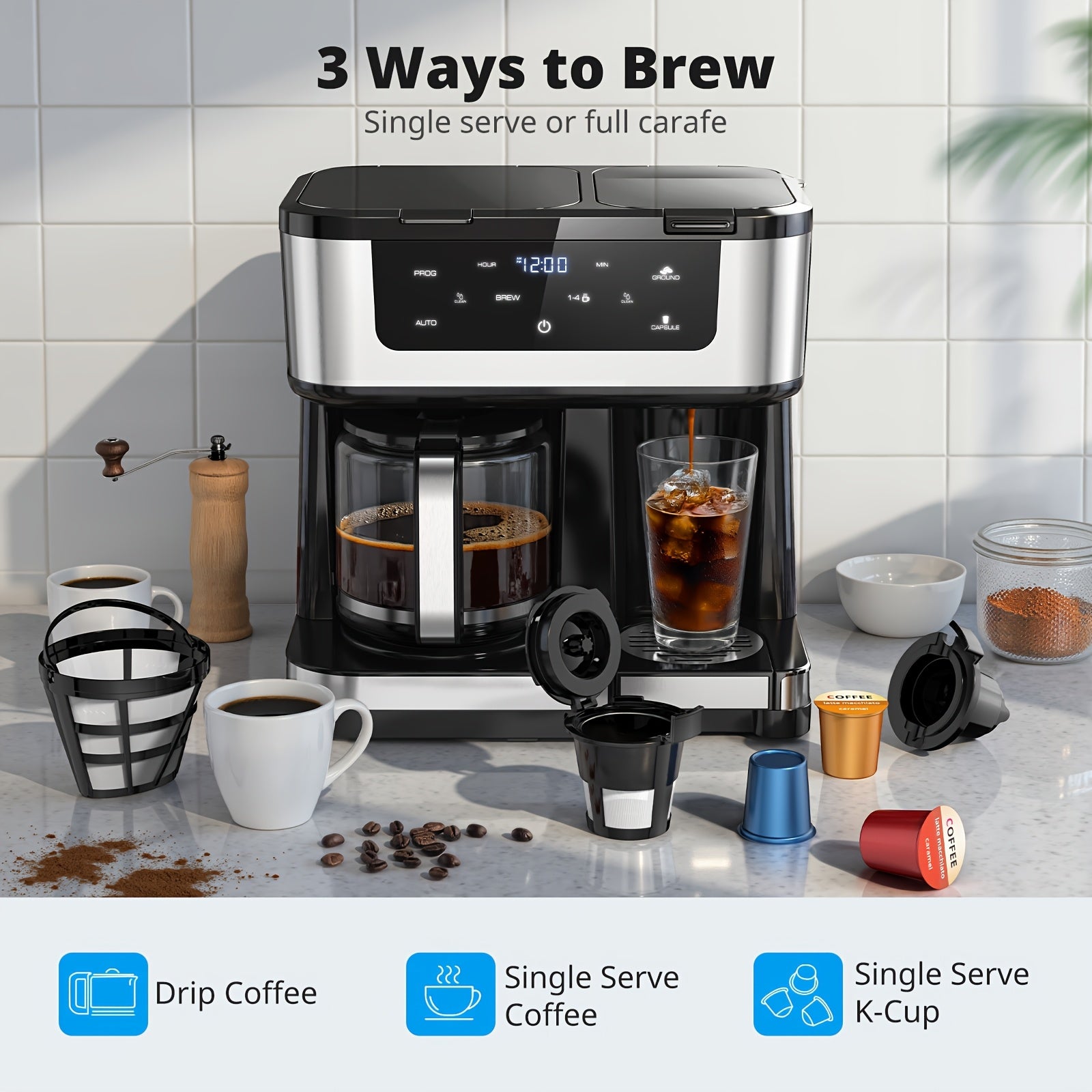 2-in-1 Drip Coffee Maker & K-Cup Brewer, 12 Cup Capacity, 1-4 Cup Select, Programmable, Auto Shut-Off, Spill-Free Spout