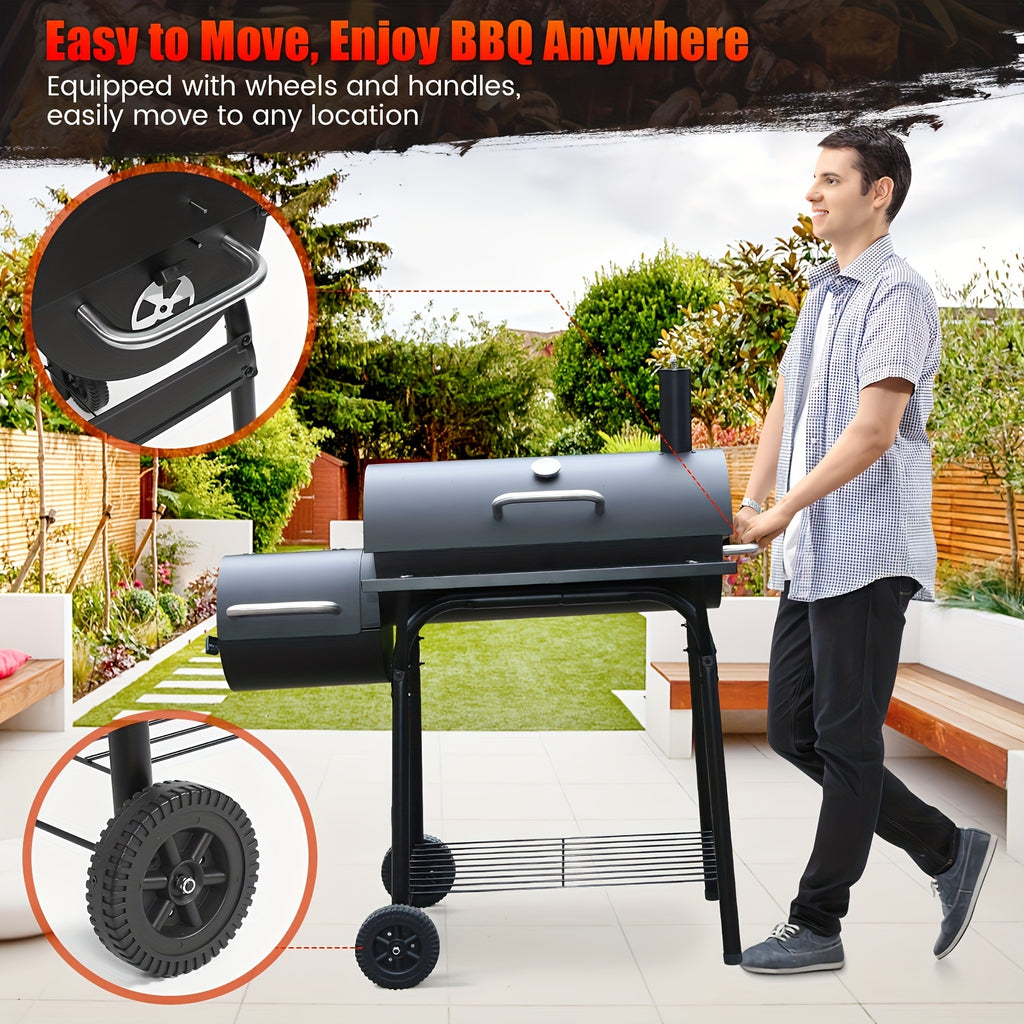 Charcoal Grill with Offset Smoker, Multi-Purpose Barrel BBQ Grill, for Backyard, Patio, Camping & Outdoor Cooking, Black, BBQ Gift for Dad & Men