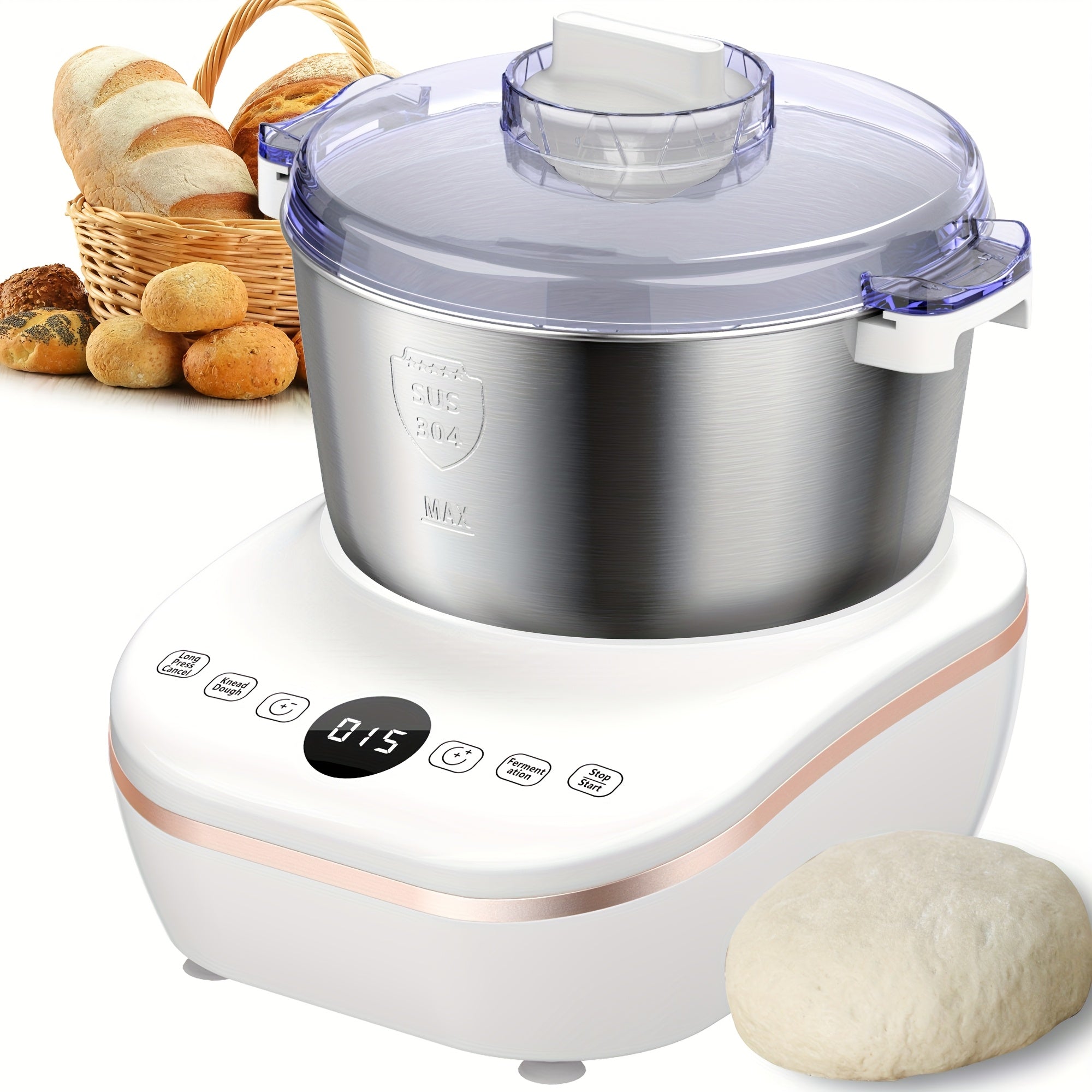 Electric Dough Mixer, 7L Capacity, 304 Stainless Steel, Fermentation & Dual Knead Modes, for Bread, Pizza, Pasta & Noodles