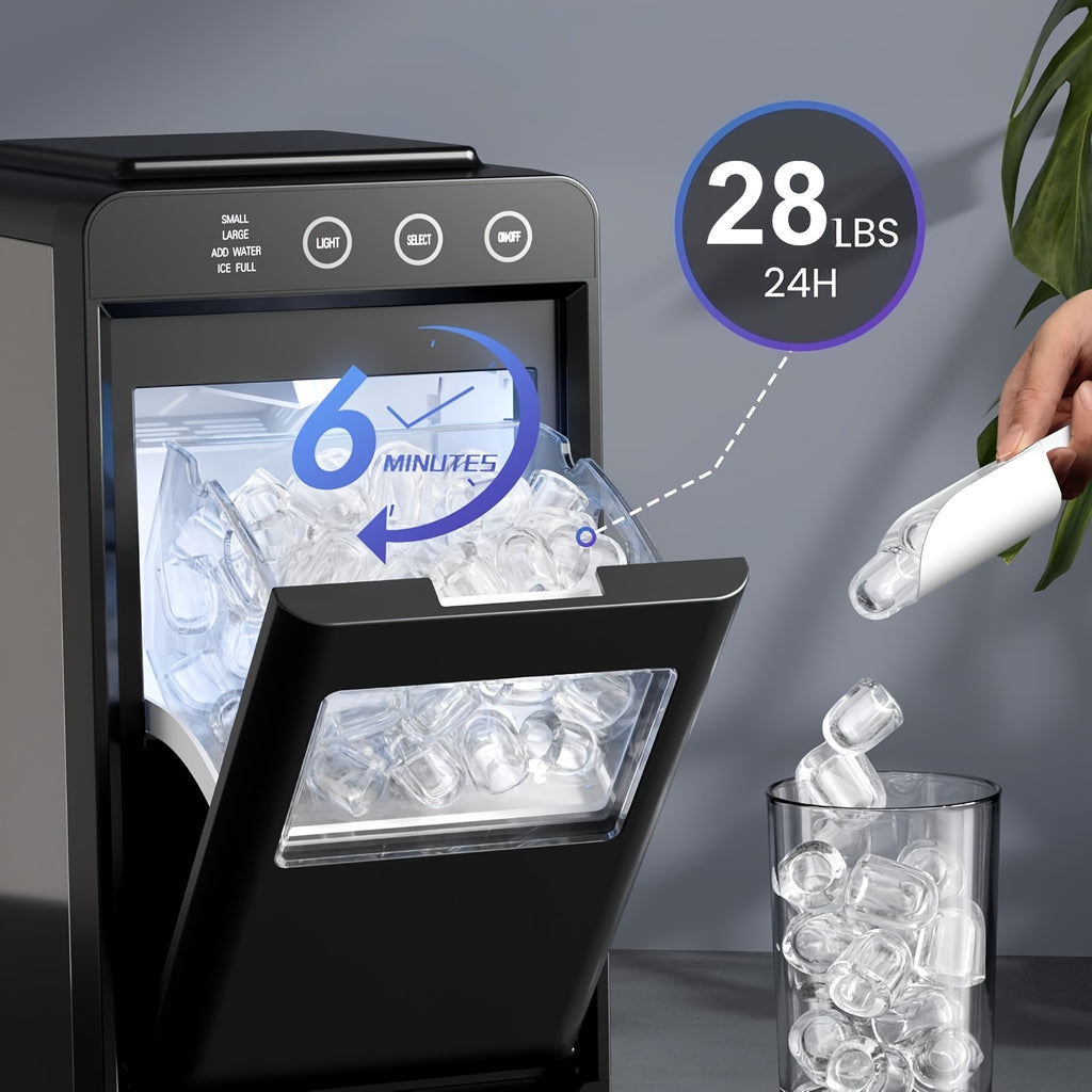 Compact Ice Maker Machine, 28Lbs/24H Production, Fast 6-Min Ice Making, Self-Cleaning, 27.05oz Tank, Ice Basket & Scoop, Quiet for Kitchen Camping RV