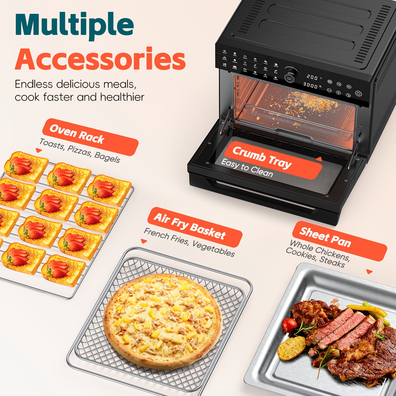 32-Quart 20-in-1 Air Fryer Toaster Oven Combo, 1800W Dual Cooking, 360° Hot Air Circulation, Clear Door, 13" Pizza Pan & 7 Accessories, Black