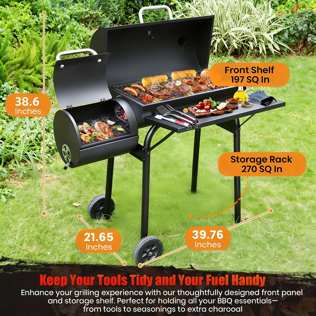 Charcoal Grill with Offset Smoker, Multi-Purpose Barrel BBQ Grill, for Backyard, Patio, Camping & Outdoor Cooking, Black, BBQ Gift for Dad & Men