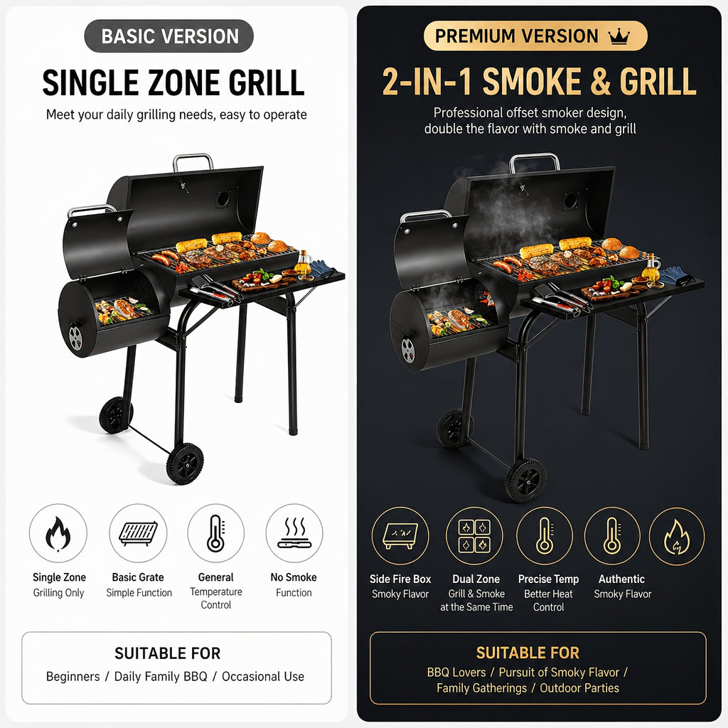 Charcoal Grill with Offset Smoker, Multi-Purpose Barrel BBQ Grill, for Backyard, Patio, Camping & Outdoor Cooking, Black, BBQ Gift for Dad & Men