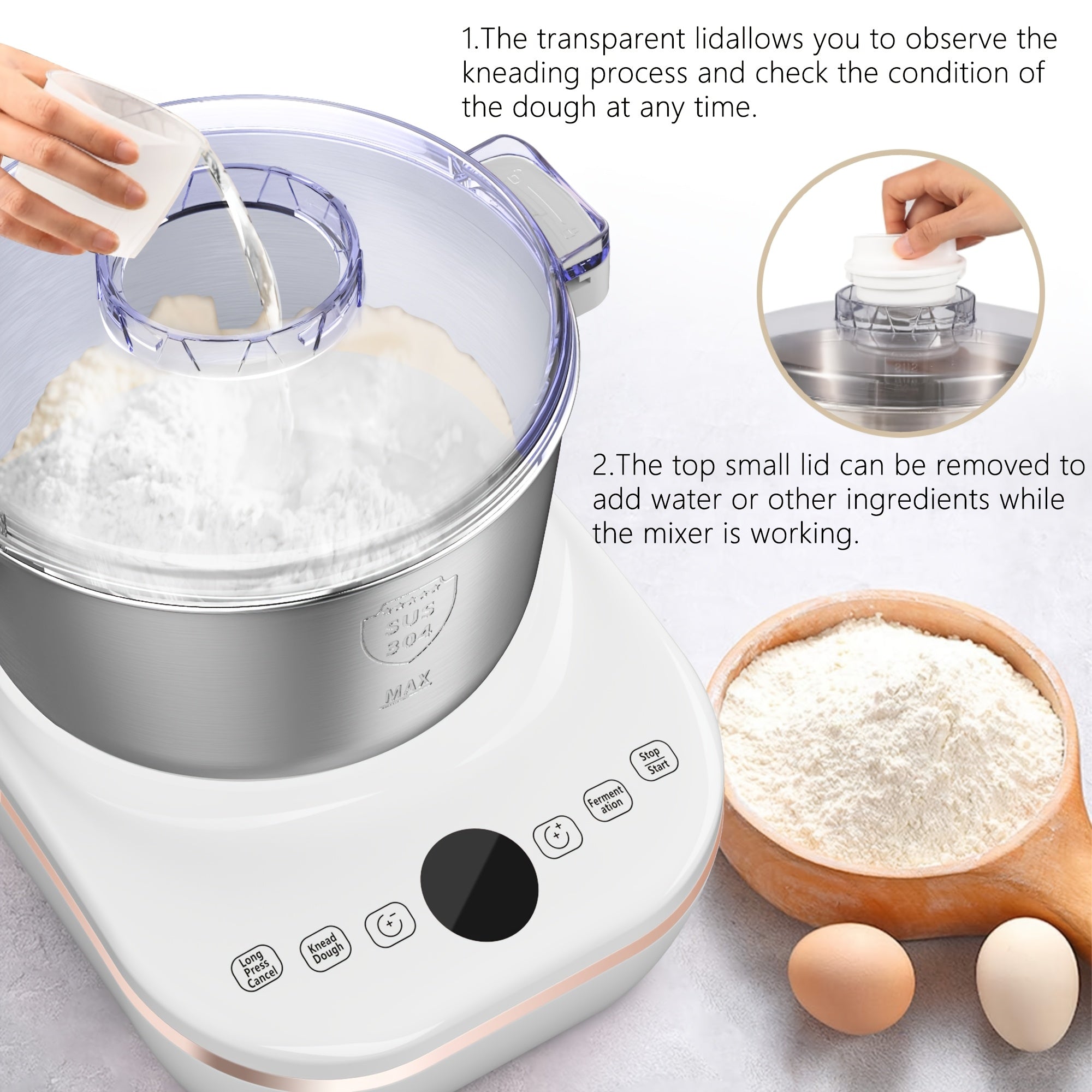 Electric Dough Mixer, 7L Capacity, 304 Stainless Steel, Fermentation & Dual Knead Modes, for Bread, Pizza, Pasta & Noodles