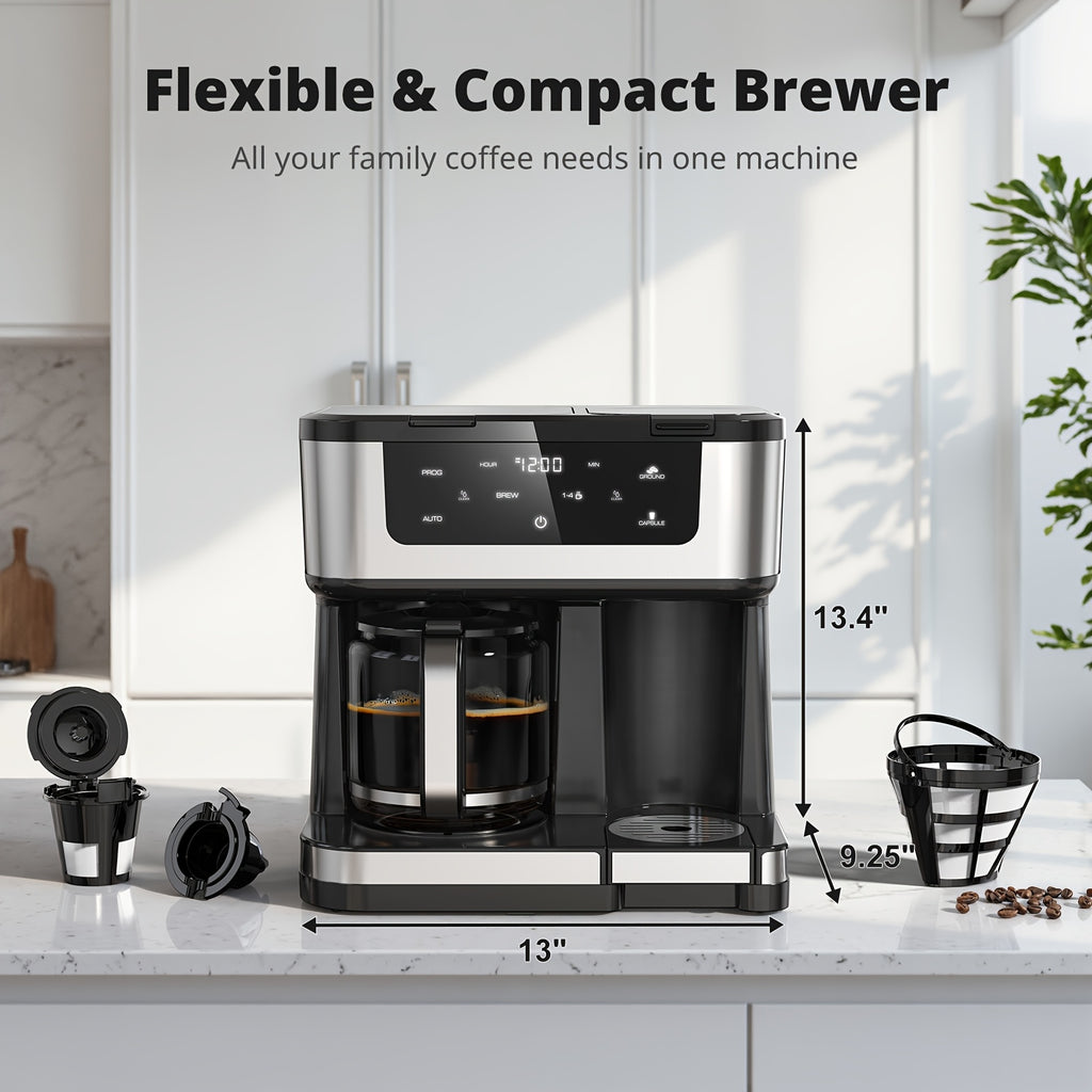 2-in-1 Drip Coffee Maker & K-Cup Brewer, 12 Cup Capacity, 1-4 Cup Select, Programmable, Auto Shut-Off, Spill-Free Spout