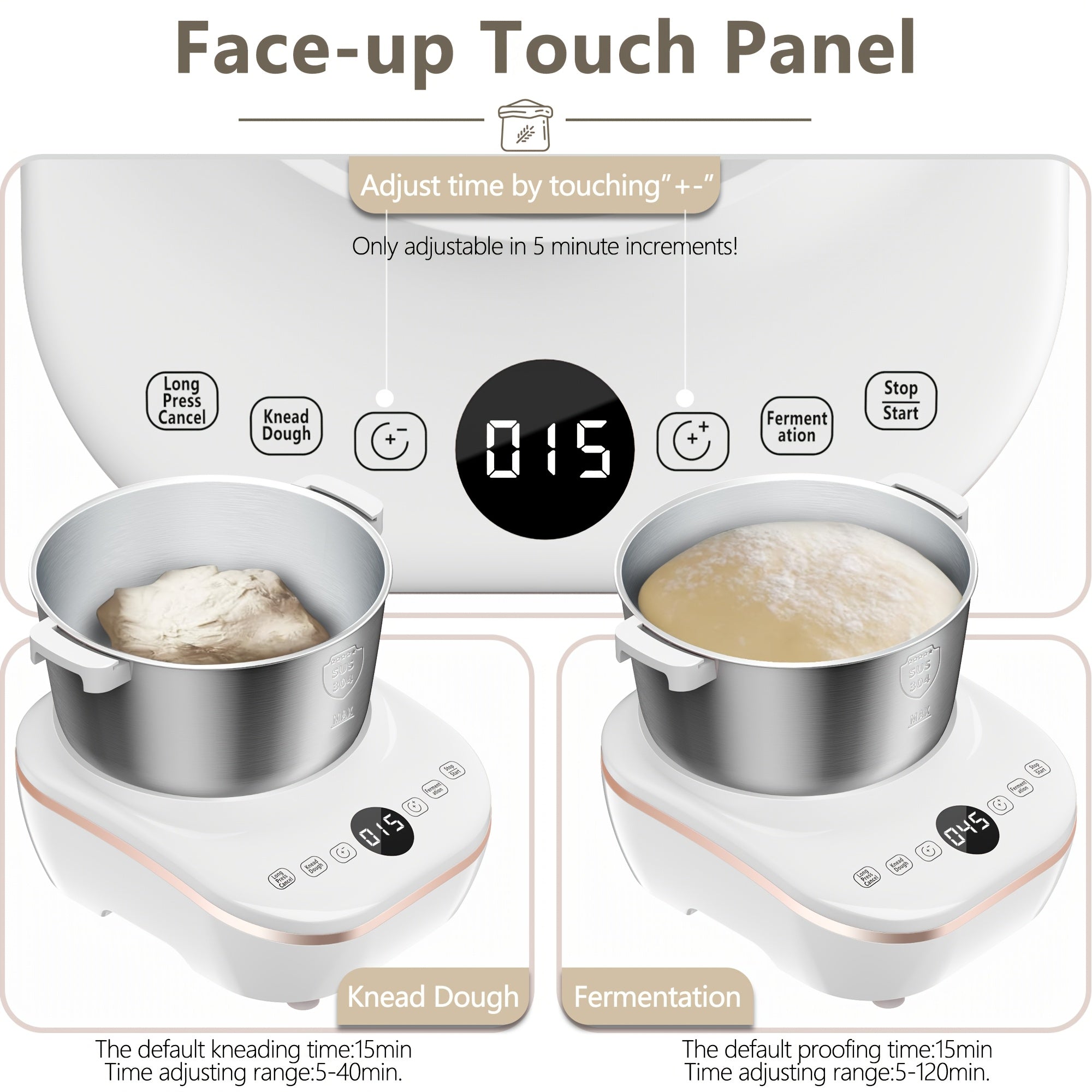 Electric Dough Mixer, 7L Capacity, 304 Stainless Steel, Fermentation & Dual Knead Modes, for Bread, Pizza, Pasta & Noodles