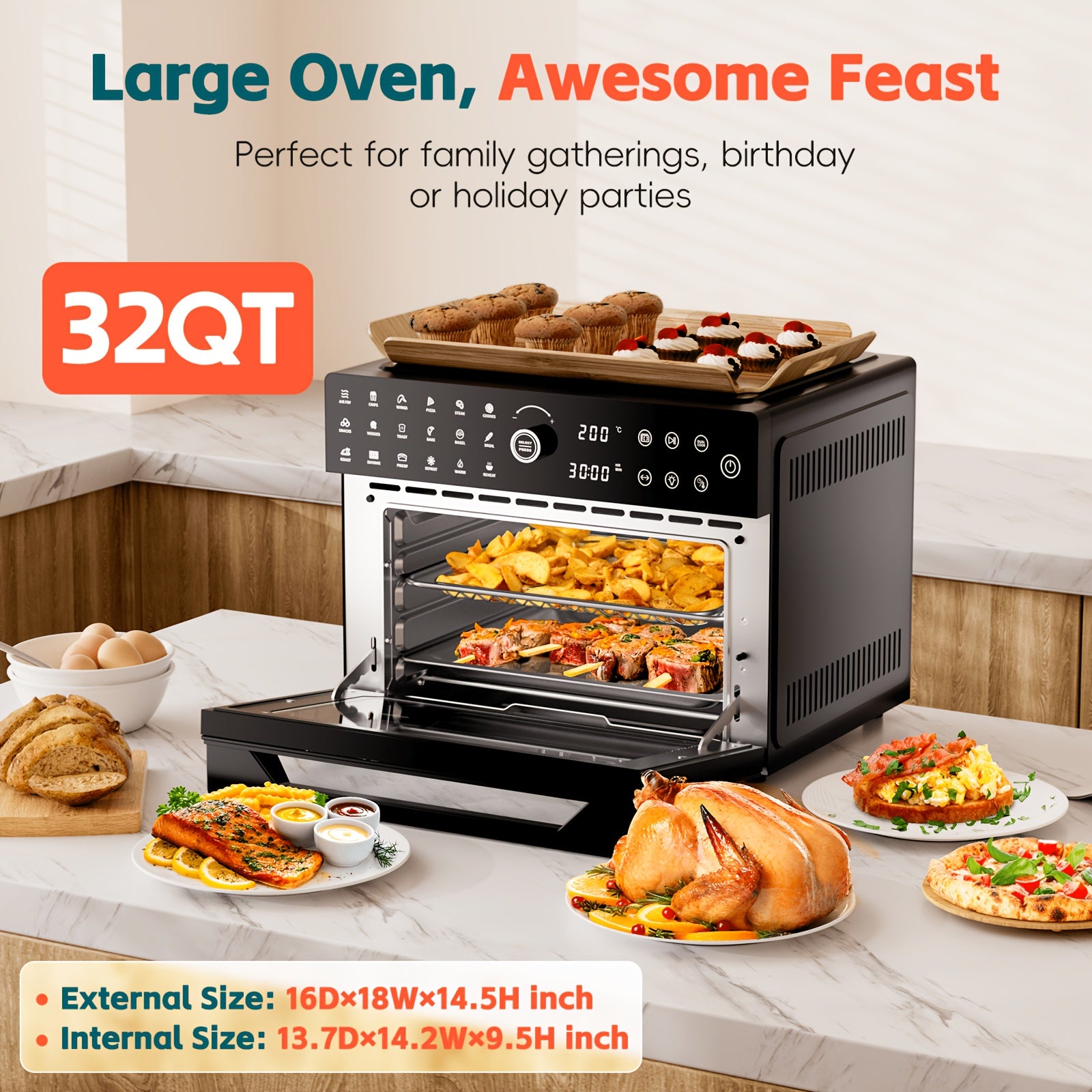 32-Quart 20-in-1 Air Fryer Toaster Oven Combo, 1800W Dual Cooking, 360° Hot Air Circulation, Clear Door, 13" Pizza Pan & 7 Accessories, Black