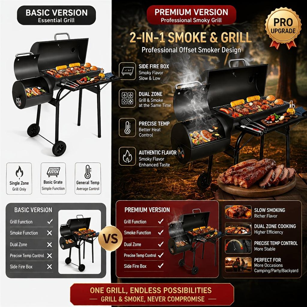 Charcoal Grill with Offset Smoker, Multi-Purpose Barrel BBQ Grill, for Backyard, Patio, Camping & Outdoor Cooking, Black, BBQ Gift for Dad & Men