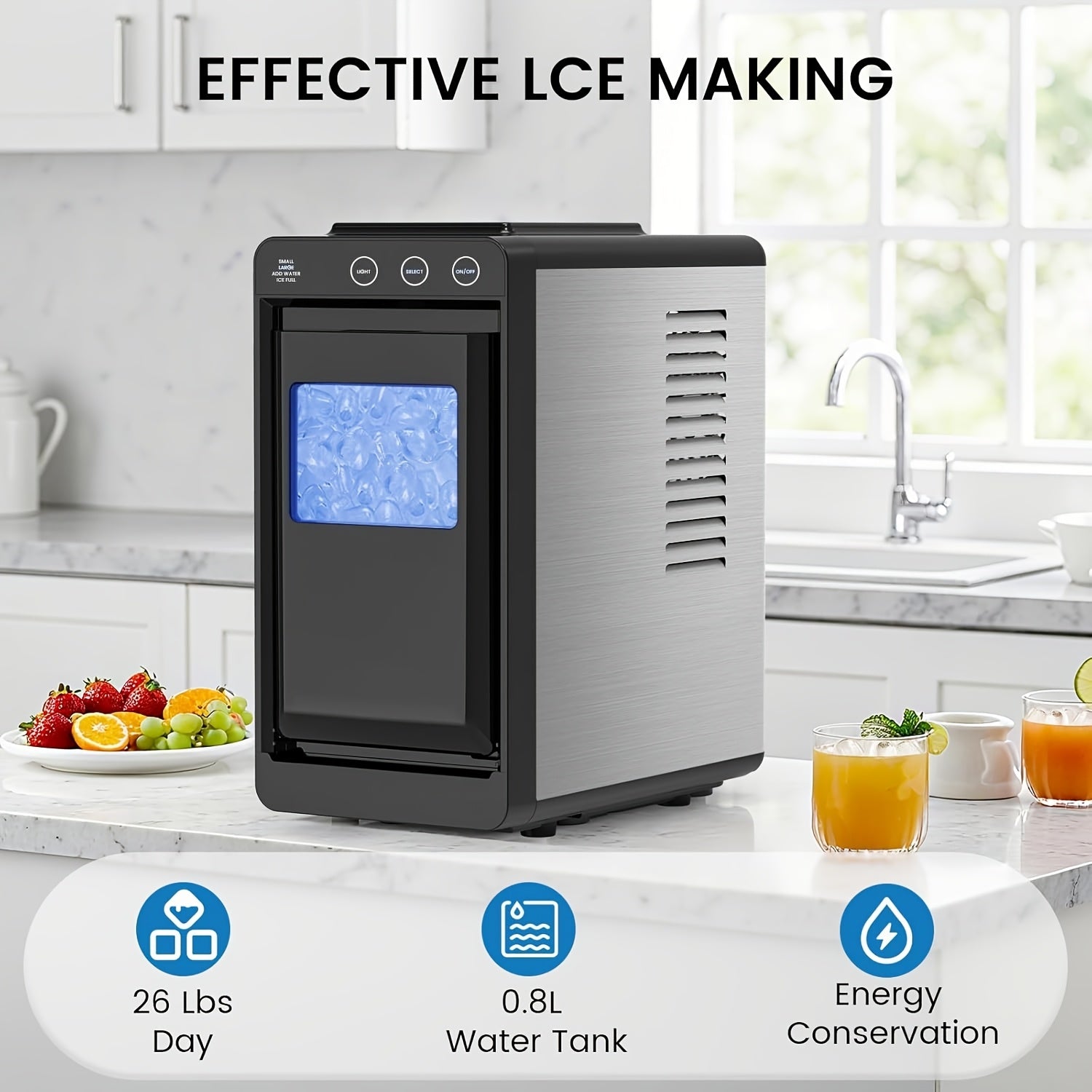 Compact Ice Maker Machine, 28Lbs/24H Production, Fast 6-Min Ice Making, Self-Cleaning, 27.05oz Tank, Ice Basket & Scoop, Quiet for Kitchen Camping RV