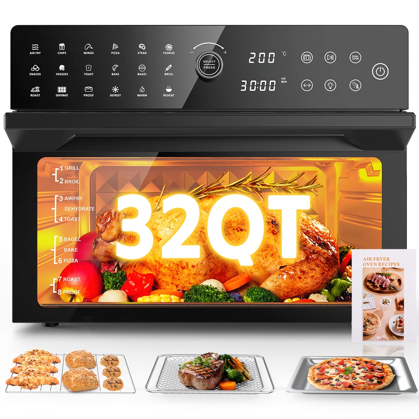 32-Quart 20-in-1 Air Fryer Toaster Oven Combo, 1800W Dual Cooking, 360° Hot Air Circulation, Clear Door, 13" Pizza Pan & 7 Accessories, Black