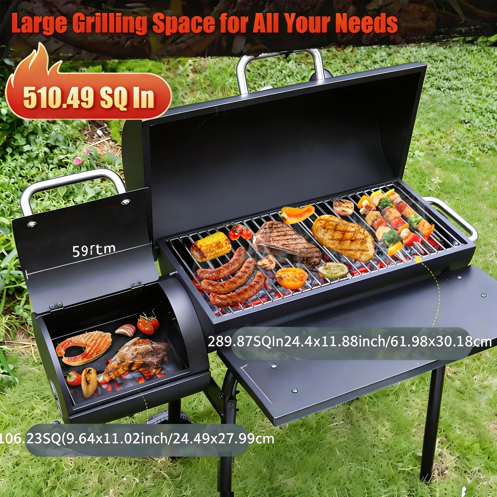 Charcoal Grill with Offset Smoker, Multi-Purpose Barrel BBQ Grill, for Backyard, Patio, Camping & Outdoor Cooking, Black, BBQ Gift for Dad & Men