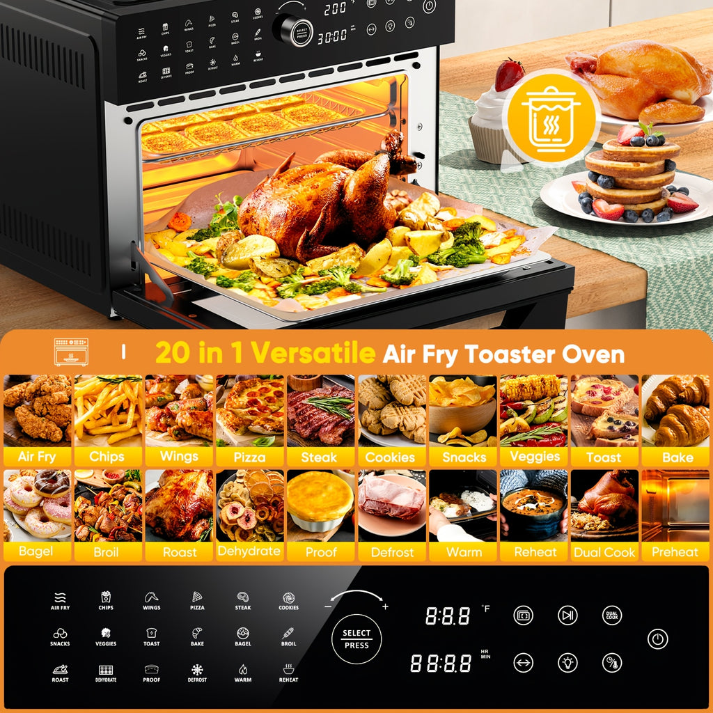 32-Quart 20-in-1 Air Fryer Toaster Oven Combo, 1800W Dual Cooking, 360° Hot Air Circulation, Clear Door, 13" Pizza Pan & 7 Accessories, Black