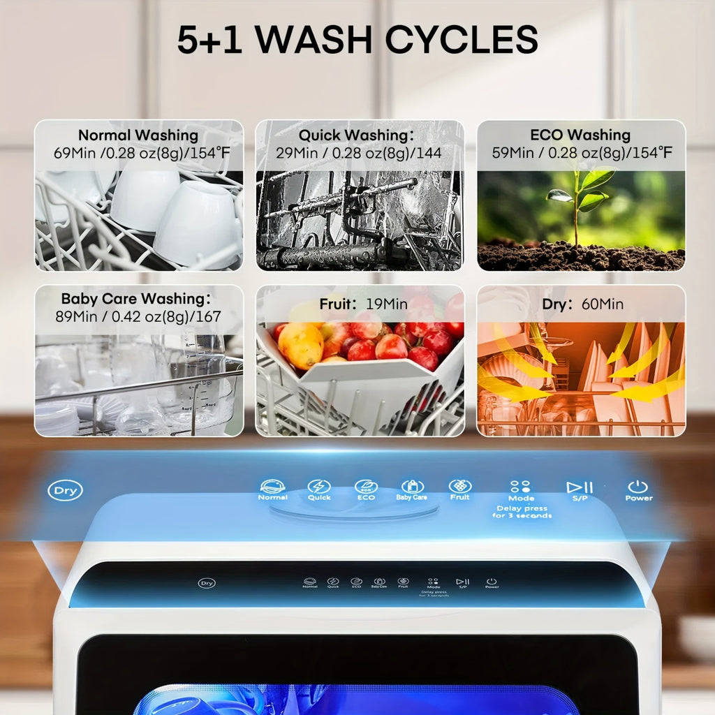 Portable Mini Dishwasher, 5+1 Programs with Baby Care Mode, Dual Spray, High-Temp Wash, Air Dry & Timer, 1.32gal Tank, No Hookup Needed for RV & Apartment