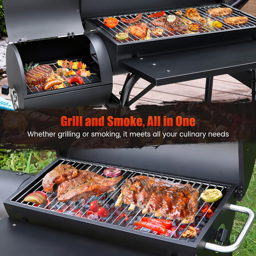 Charcoal Grill with Offset Smoker, Multi-Purpose Barrel BBQ Grill, for Backyard, Patio, Camping & Outdoor Cooking, Black, BBQ Gift for Dad & Men