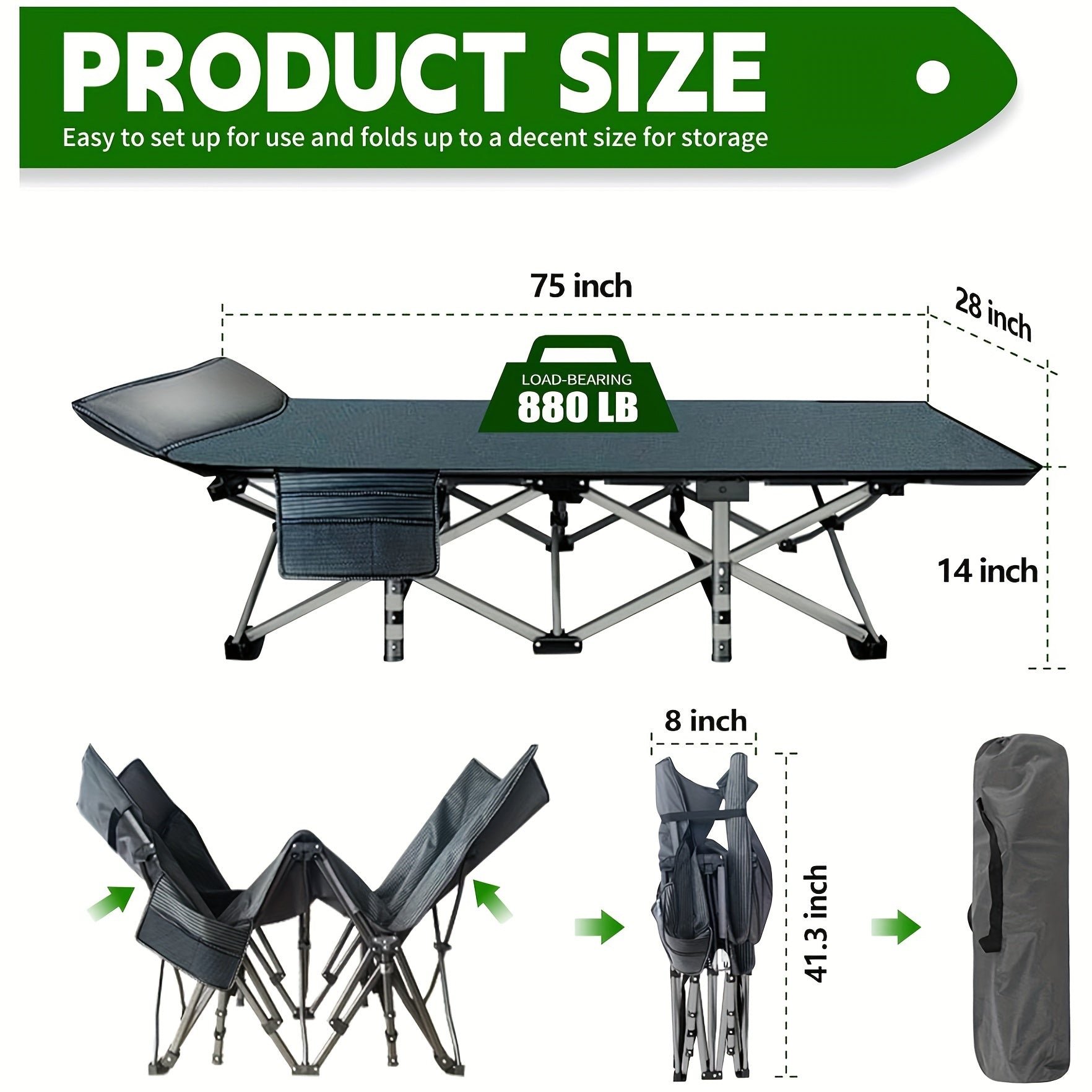 75 Inch Heavy Duty Folding Bed, Portable Camping & Guest Cot, Equipped with Carry Bag, Ideal for Home, Outdoor & Halloween Gifts