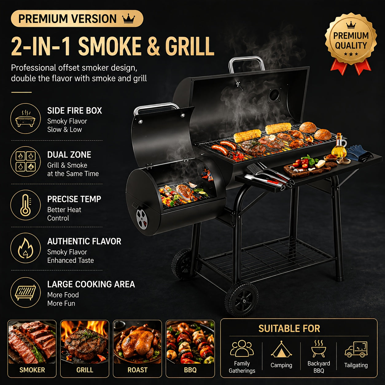 Charcoal Grill with Offset Smoker, Multi-Purpose Barrel BBQ Grill, for Backyard, Patio, Camping & Outdoor Cooking, Black, BBQ Gift for Dad & Men