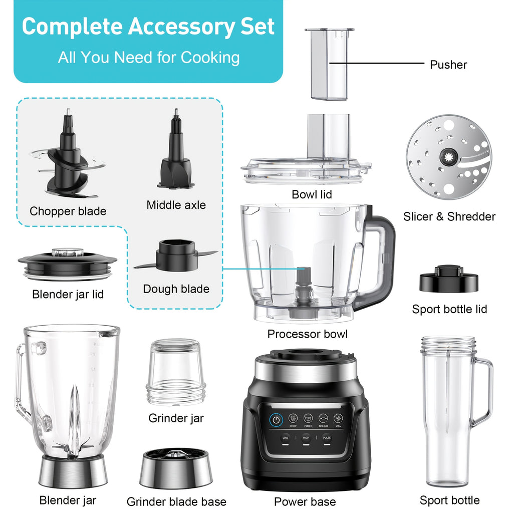 10-in-1 Kitchen System, Multifunctional Blender Food Processor Combo, 68 Oz Bowl & Travel Cup, for Dough, Chopping, Grinding, Slicing & Shakes, Black
