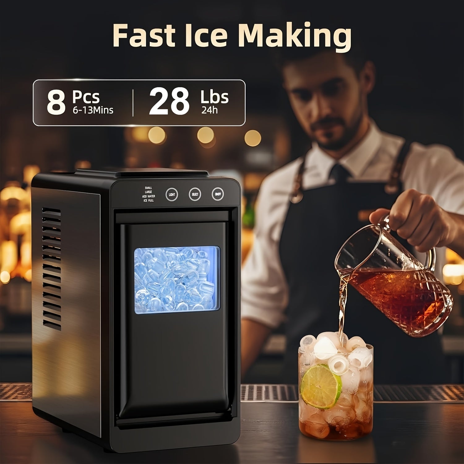 Compact Ice Maker Machine, 28Lbs/24H Production, Fast 6-Min Ice Making, Self-Cleaning, 27.05oz Tank, Ice Basket & Scoop, Quiet for Kitchen Camping RV