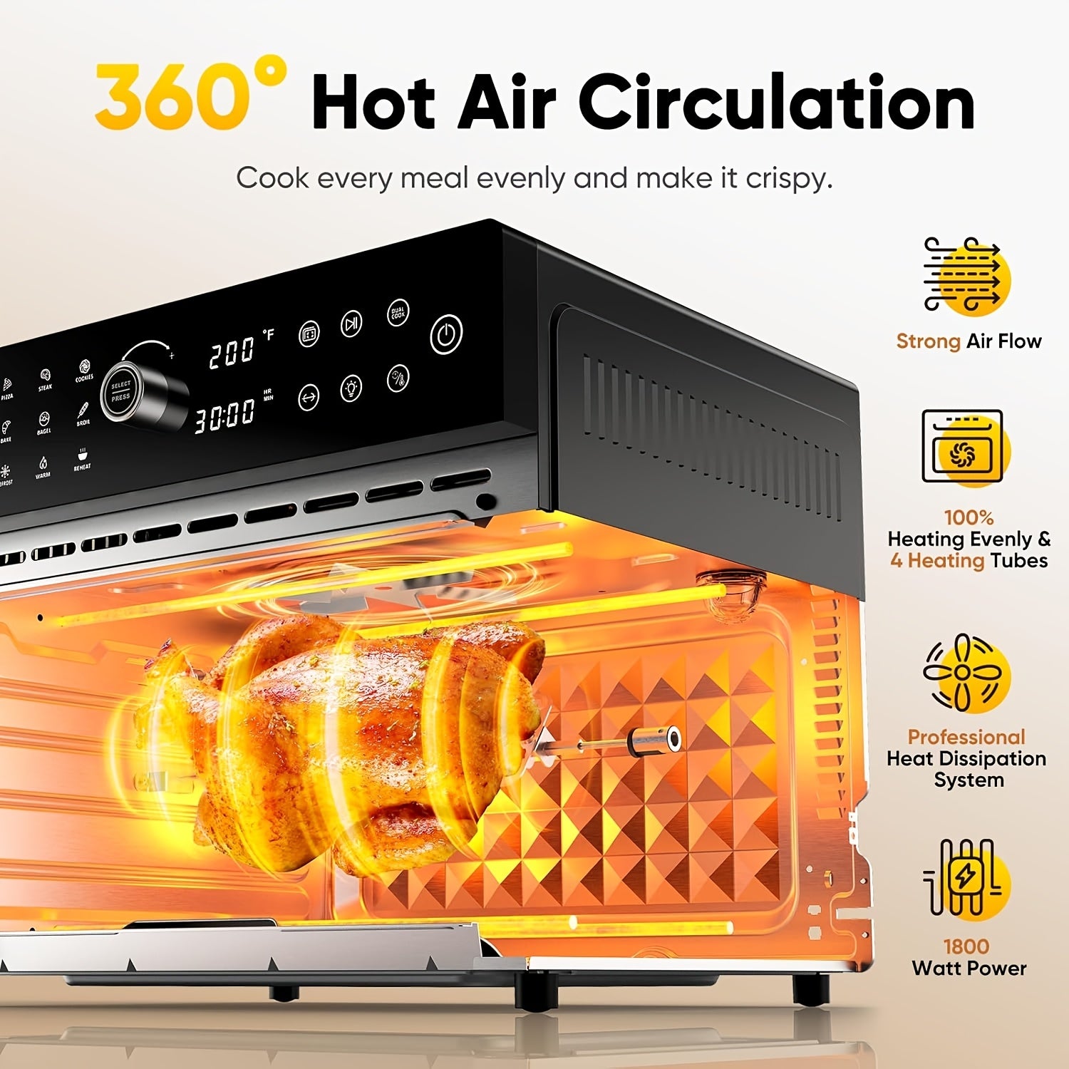 32-Quart 20-in-1 Air Fryer Toaster Oven Combo, 1800W Dual Cooking, 360° Hot Air Circulation, Clear Door, 13" Pizza Pan & 7 Accessories, Black